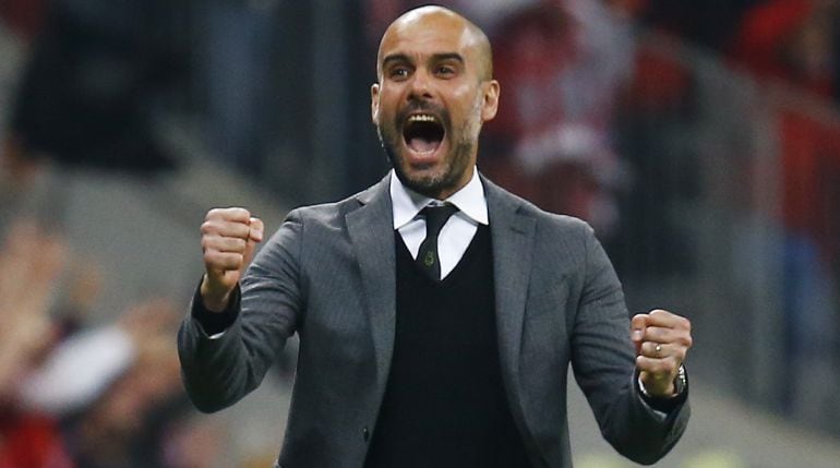 Football - Bayern Munich v Porto - UEFA Champions League Quarter Final Second Leg - Allianz Arena, Munich - Germany - 21/4/15 Bayern Munich&#039;s Josep Guardiola celebrates their fifth goal
 Reuters / Kai Pfaffenbach