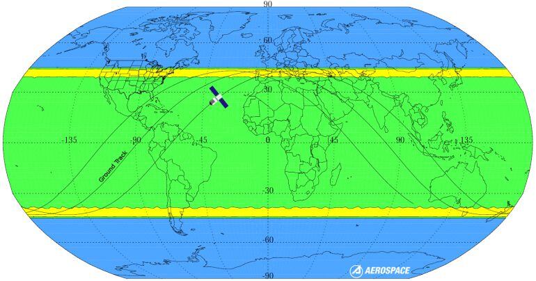 El mapa muestra las probabilidades relativas de aterrizaje de escombros dentro de una región determinada. El amarillo indica las ubicaciones que tienen una mayor probabilidad, mientras que el verde indica las áreas de menor probabilidad. Las áreas azules tienen cero probabilidad de reinserción de escombros ya que Tiangong-1 no vuela sobre estas áreas.