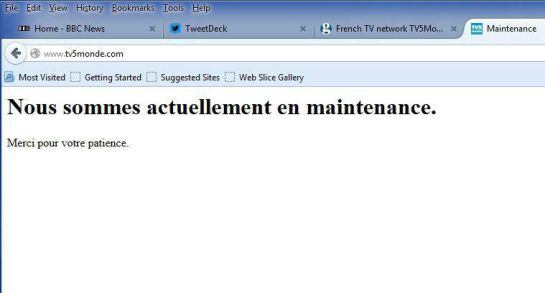 La página web deTV5 Monde en la que actualmente aparece el mensaje &quot;Actualmente en mantenimiento. Gracias por su paciencia&quot;
