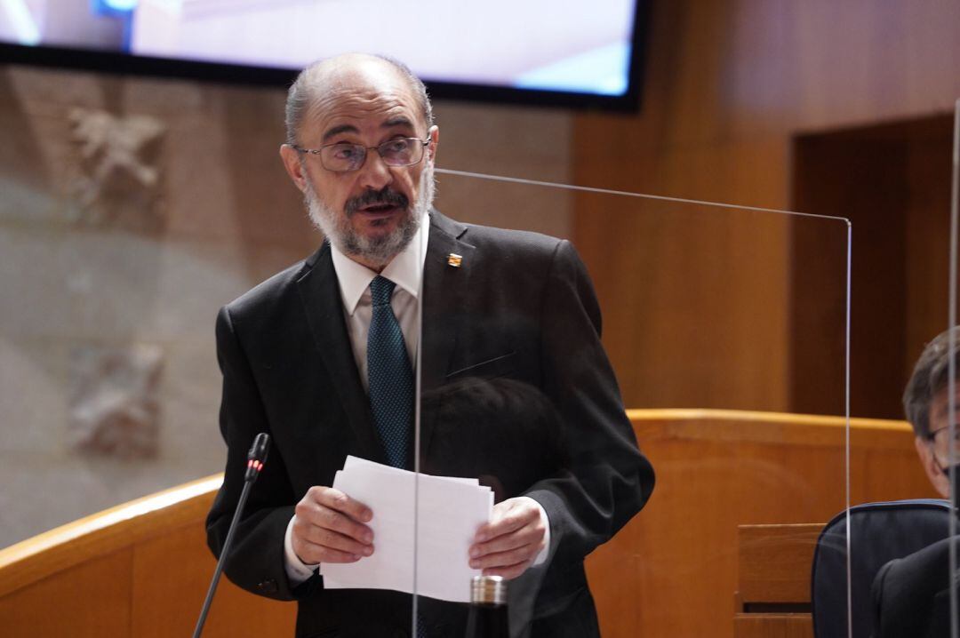 El presidente Javier Lambán, durante su intervención en las Cortes de Aragón 