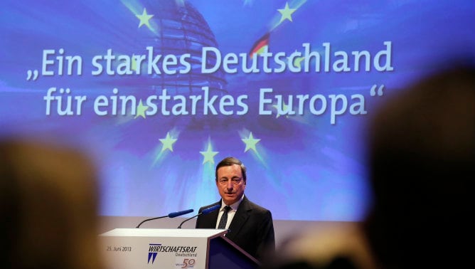 Mario Draghi, el presidente del BCE, durante su discurso en una conferencia económica en Berlín