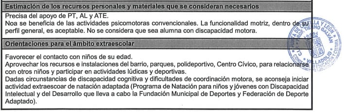 Parte psicopedagógico de Noa donde se reconoce la necesidad de un ATE