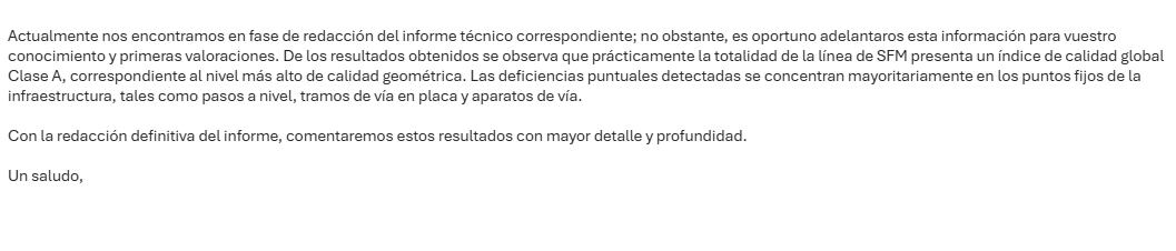 Comunicación de la empresa Amberg a SFM remitida este jueves