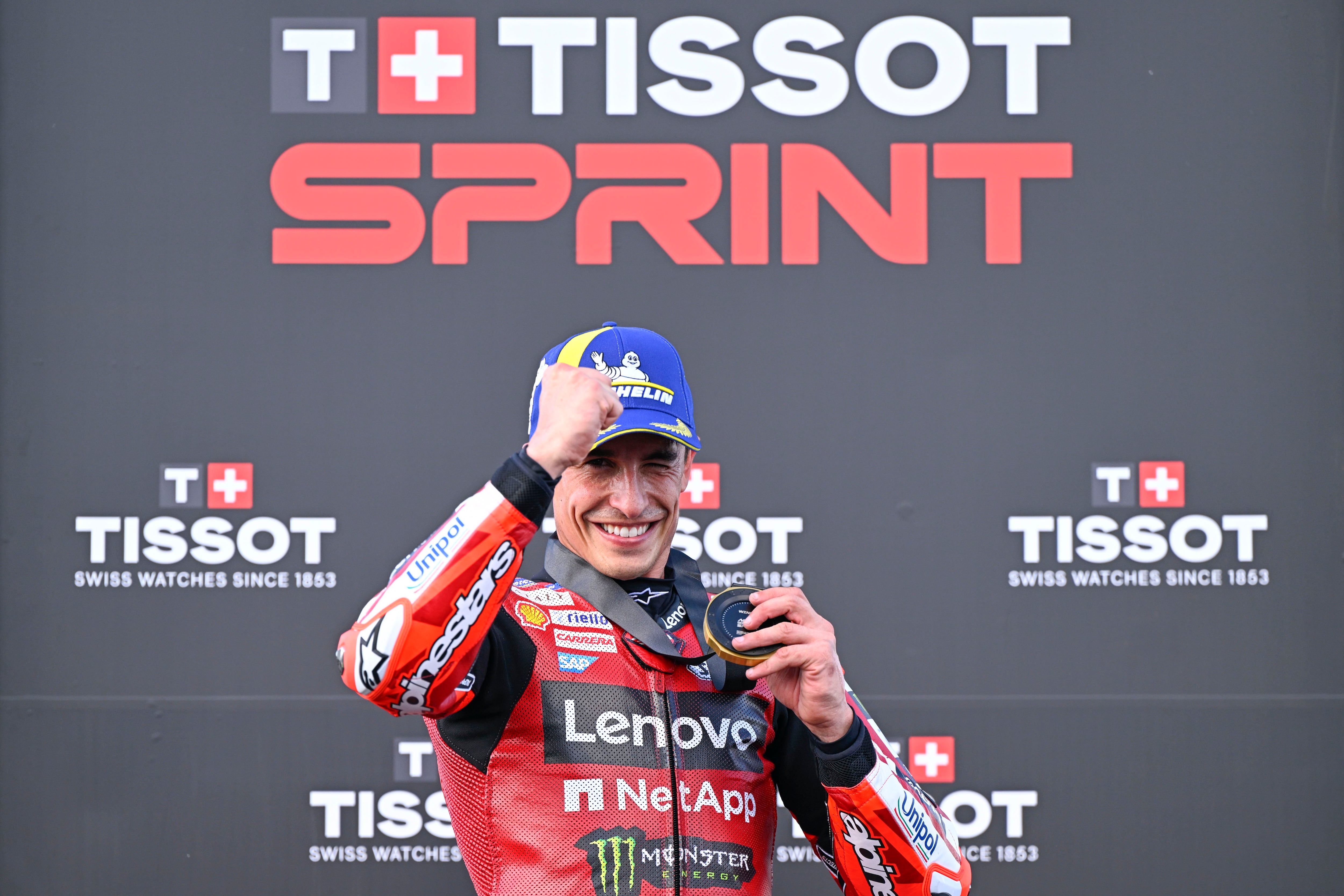 GOIANIA, BRAZIL - MARCH 21: Marc Marquez of Spain riding the Lenovo Ducati (93) takes victorty during the Sprint ahead of the MotoGP of  Brazil at Autodromo Internacional de Goiania - Ayrton Senna on March 21, 2026 in Goiania, Brazil. (Photo by Gold & Goose Photography/Getty Images)