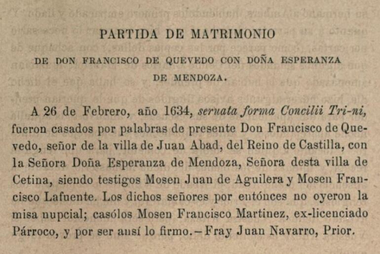 Partida de matrimonio de Francisco de Quevedo