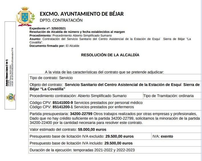 Extracto de la resolución de alcaldía por el que se confirma la adjudicación del contrato del servicio médico de La Covatilla de las temporadas 21-22 y 22-23