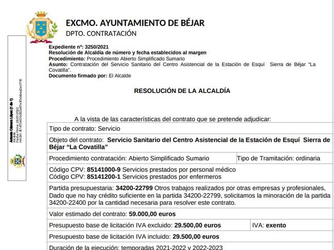 Extracto de la resolución de alcaldía por el que se confirma la adjudicación del contrato del servicio médico de La Covatilla de las temporadas 21-22 y 22-23