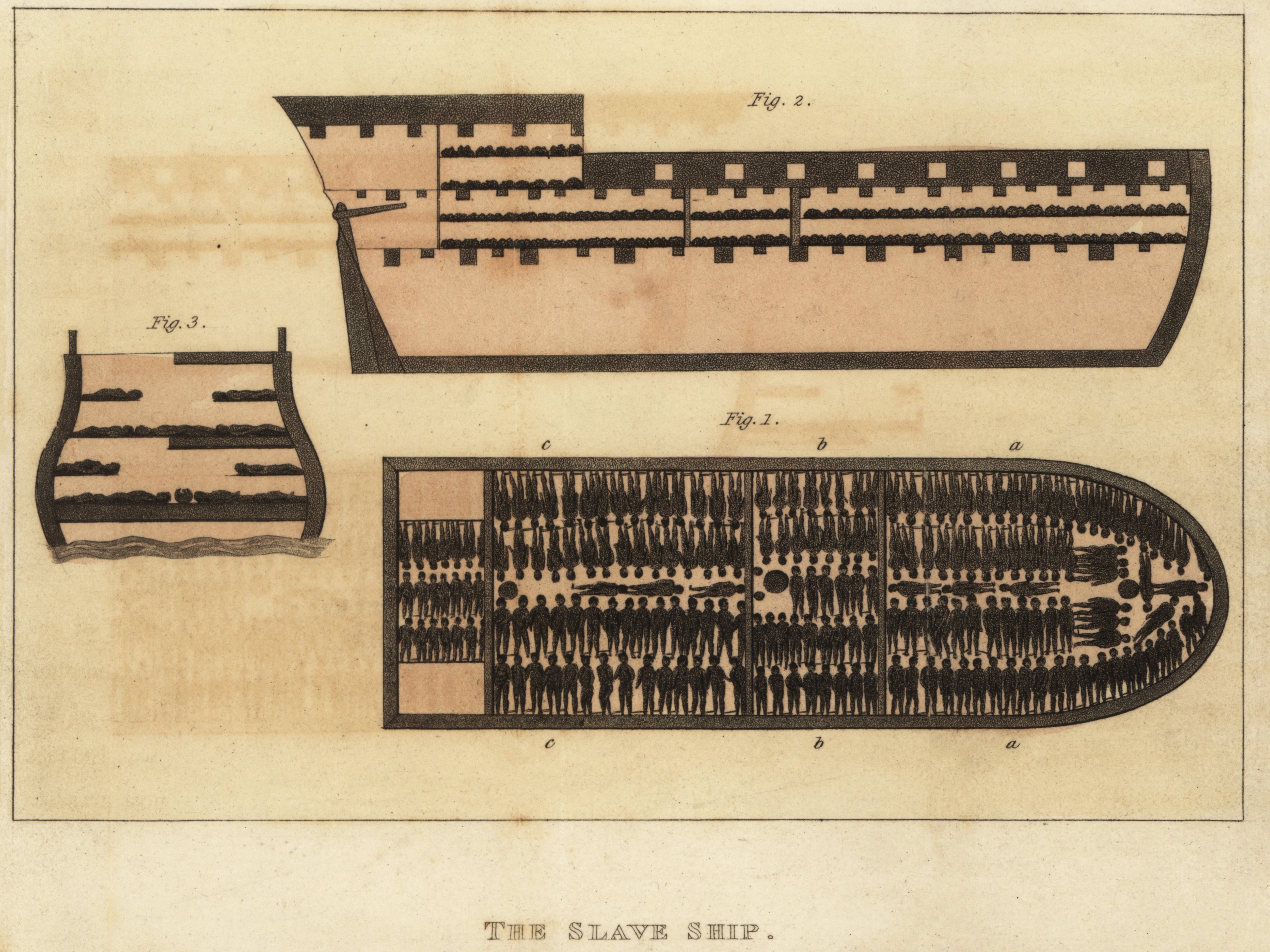 Plano y secciones del barco negrero Brooks o Brookes de Liverpool. Transportaba 351 hombres, 127 mujeres, 90 niños y 41 niñas, un total de 609 esclavos y 45 marineros. Cubierta inferior con hombres encadenados (a), niños (b) y niñas (c). El barco negrero. Grabado publicado por la Sociedad para la Abolición del Comercio de Esclavos, Plymouth, 1788. Grabado en cobre coloreado a mano de Frederic Shoberl, «El mundo en miniatura: África, una descripción de las costumbres y tradiciones de los moros del Sáhara y de las naciones negras», R. Ackermann, Inglaterra, 1821.