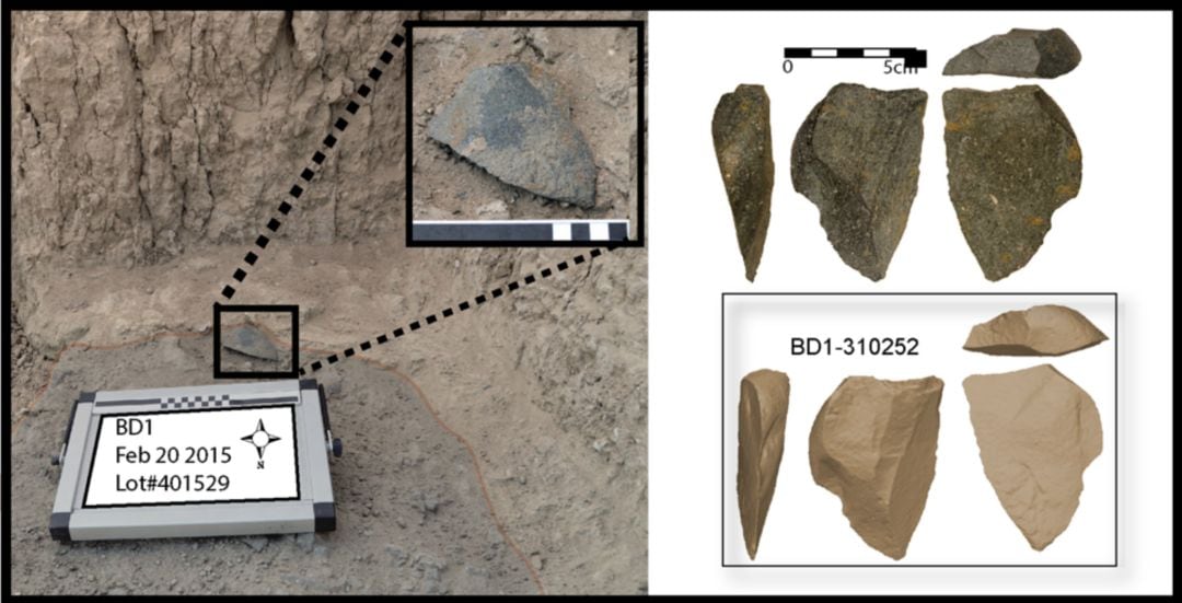 Imagen de la gran piedra verde afilada que se ha encontrado en un yacimiento de Etiopía y que puede ser el &quot;cuchillo&quot; más antiguo del mundo. 