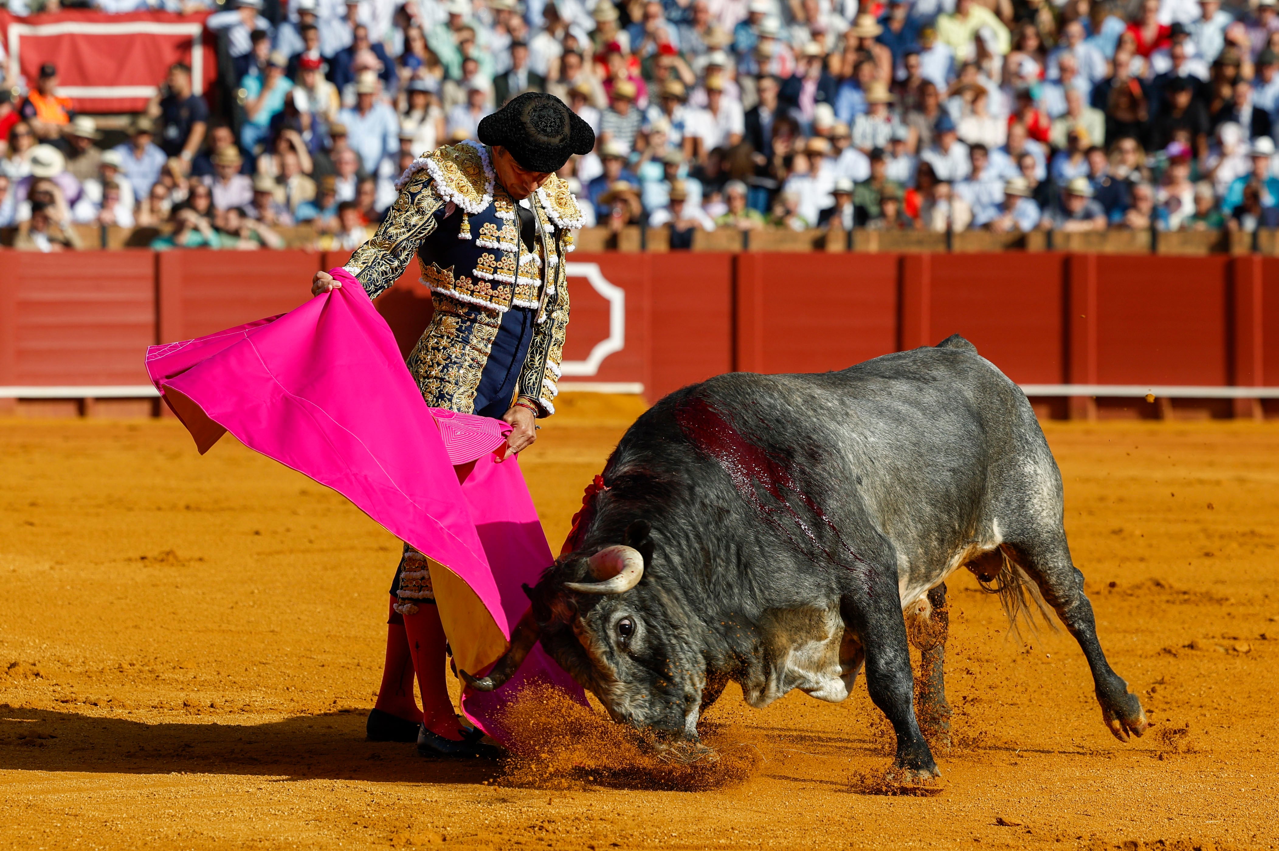 SEVILLA, 17/04/2024.- El diestro Manuel Jesús &#039;El Cid&#039; da un pase a su primer toro durante el festejo de la Feria de Abril celebrado este jueves en La Real Maestranza de Sevilla, con toros de La Quinta. EFE/ Julio Muñoz
