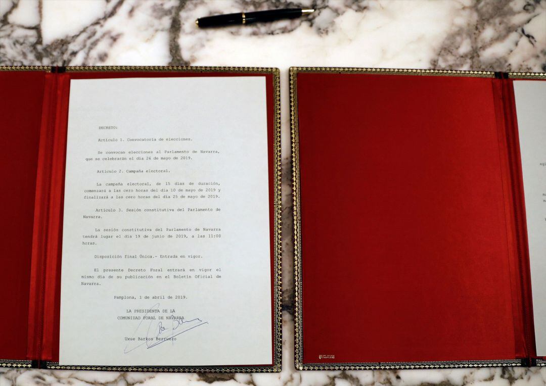 La presidenta Uxue Barkos ha firmado este lunes el decreto de convocatoria de las elecciones autonómicas para el próximo 26 de mayo, 
