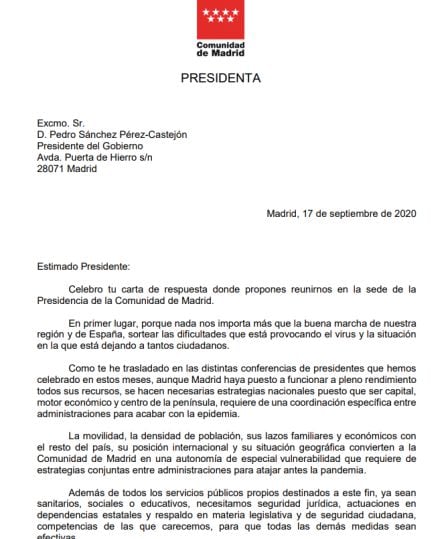 La carta íntegra de la presidenta de la Comunidad de Madrid.