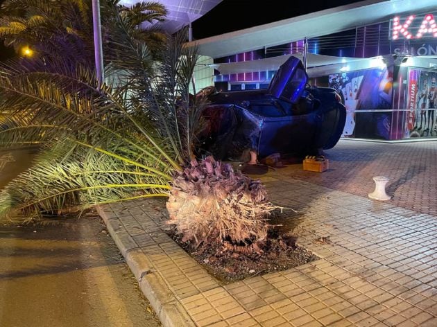 El vehículo quedó atrapado entre unas estructuras y dañó una palmera.