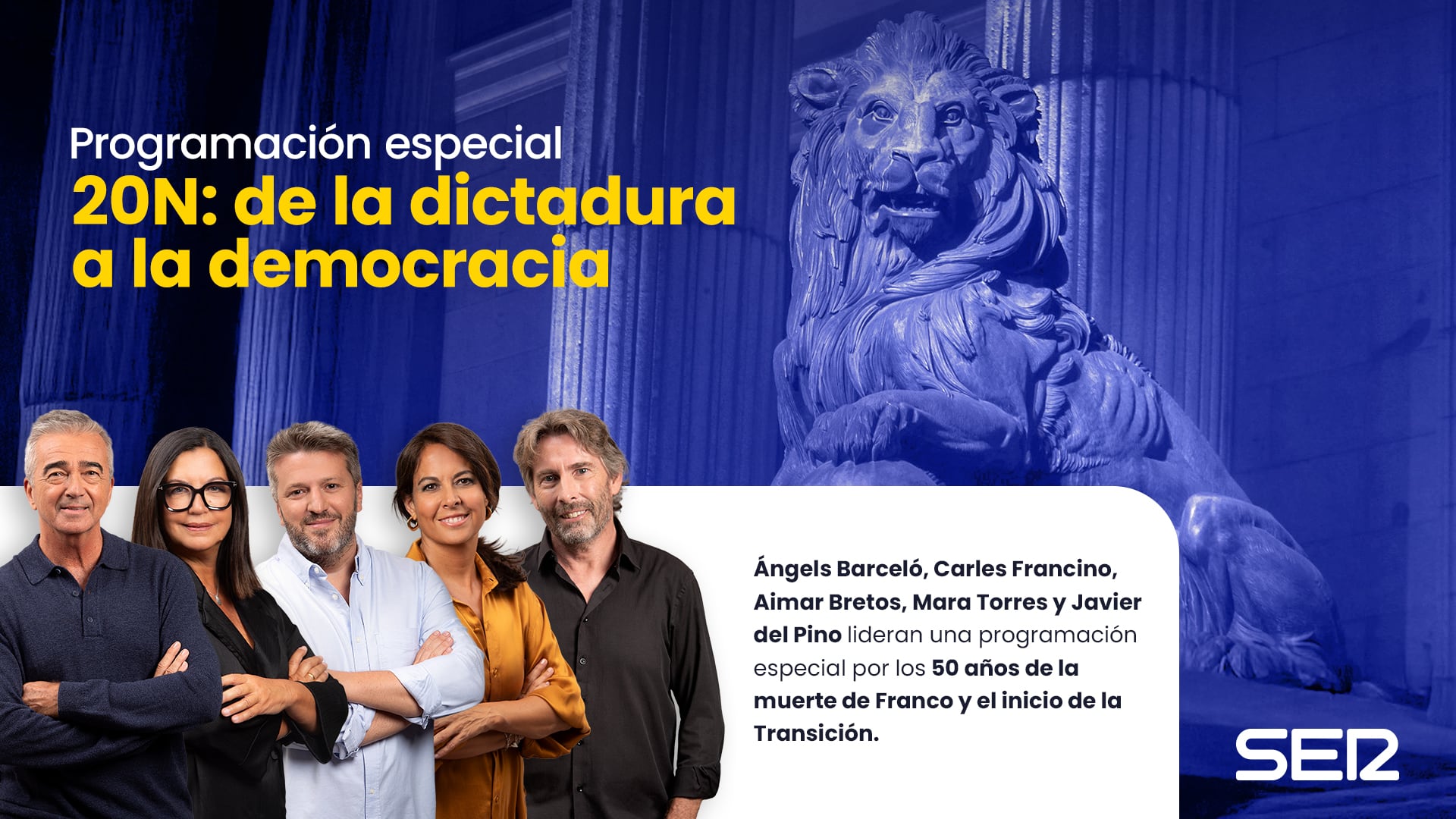 Àngels Barceló, Carles Francino, Aimar Bretos, Mara Torres y Javier del Pino lideran una programación especial por los 50 años de la muerte de Franco y el inicio de la Transición.