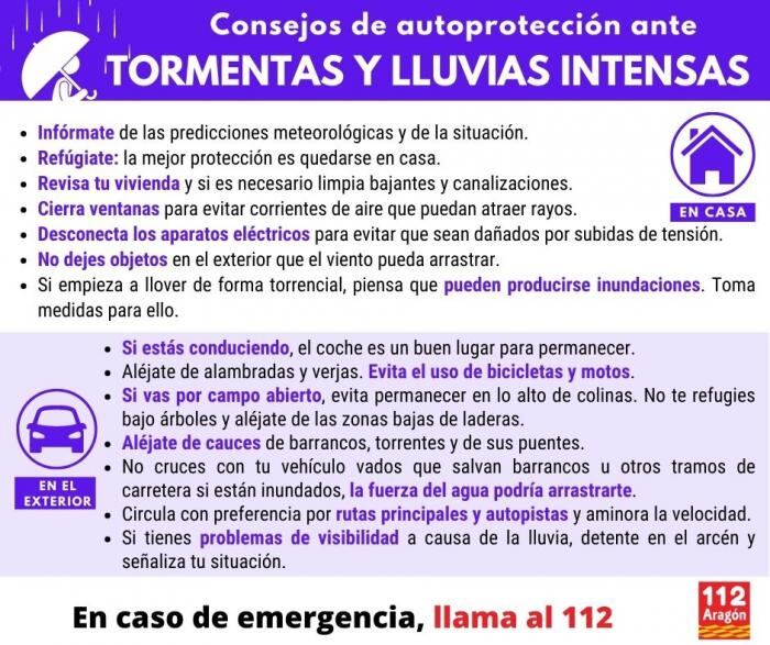 Consejos de autoprotección ante tormentas y lluvias intensas del Gobierno de Aragón