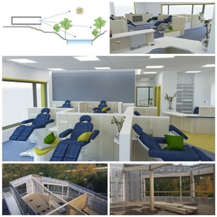 Esquema latera del futuro Centro de Día Oncológico del Hospital Santos Reyes de Aranda e imágenes del diseño interior del edificio