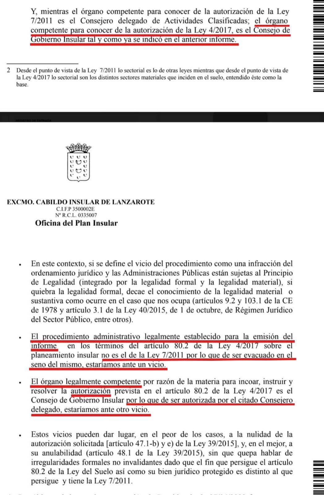 Informe de la Oficina del Plan Insular donde se indica que corresponde al Consejo de Gobierno la autorización para este tipo de eventos.