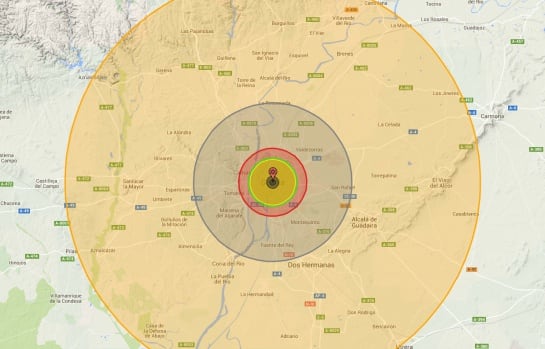 Simulación de una explosión nuclear de 10 megatones sobre Sevilla.