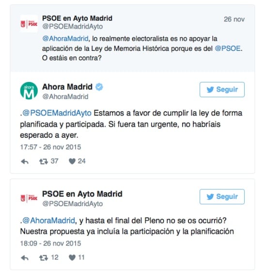 Bronca en Twitter entre Ahora Madrid y el PSOE por la moción de urgencia presentada por los socialistas para la retirada de las calles franquistas y que el partido de Carmena no secundó