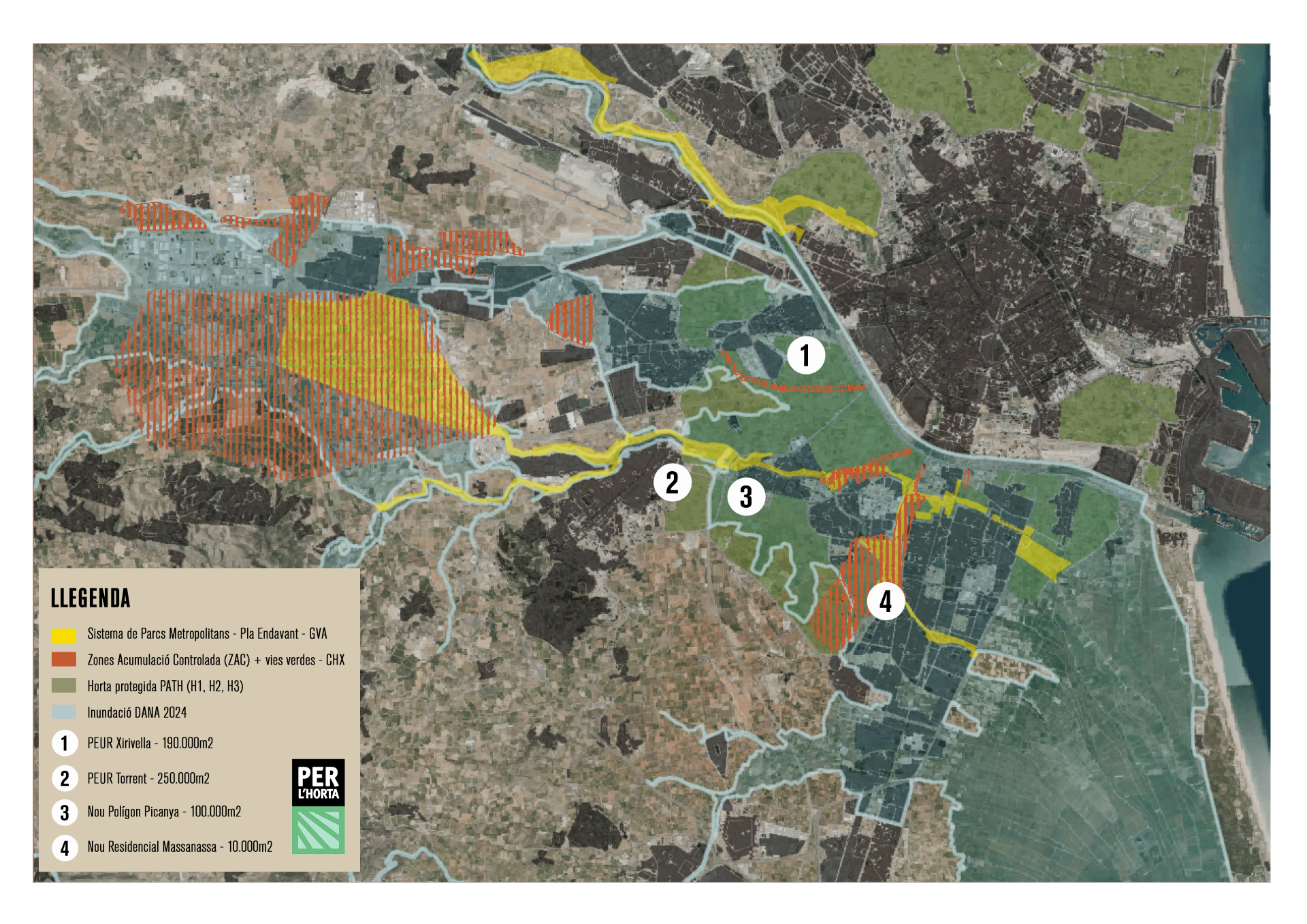Proyectos urbanísticos posdana que afectan a la huerta de l'Horta Sud, según el estudio de Per l'Horta