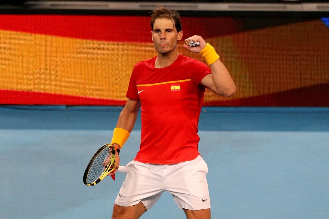 Rafa Nadal celebra un punto ante Nikoloz Basilashvili.