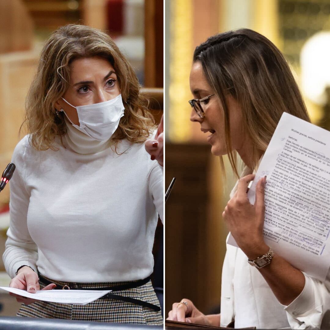 La ministra de Transportes, Raquel Sánchez y la diputada de Coalición Canaria, María Fernández, durante la segunda jornada de debate de los Presupuestos Generales del Estado en el Congreso