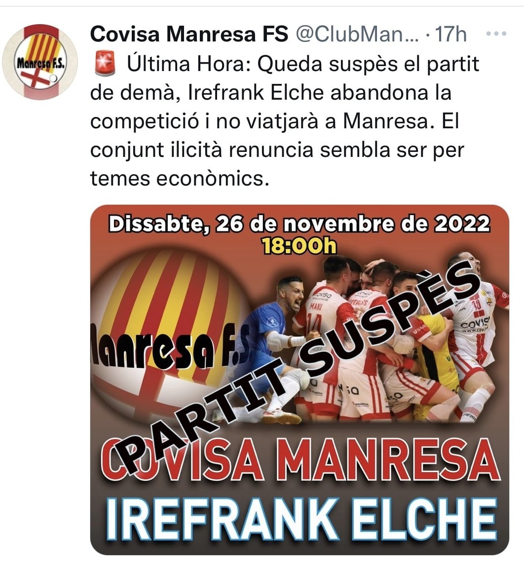 El COVISA Manresa anuncia la suspensión de su partido ante Irefrank Elche