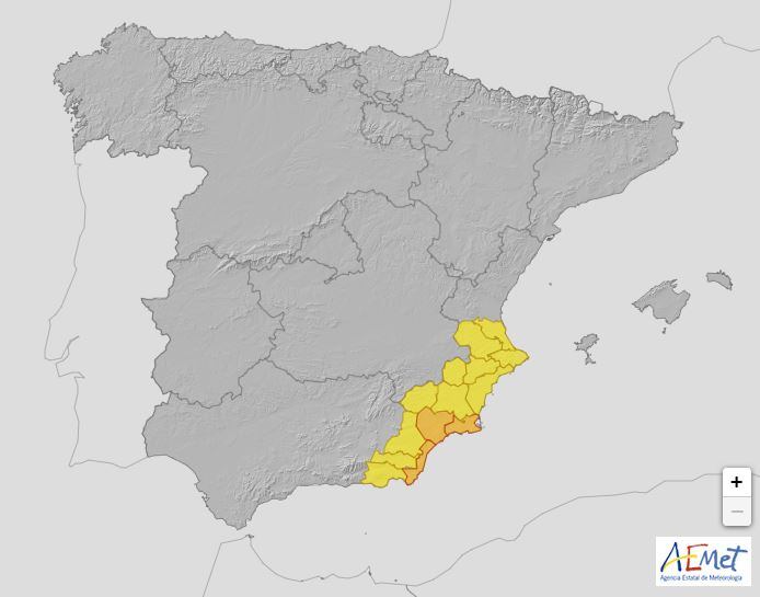 Mapa de las zonas en alerta amarilla y naranja a partir de esta media noche.