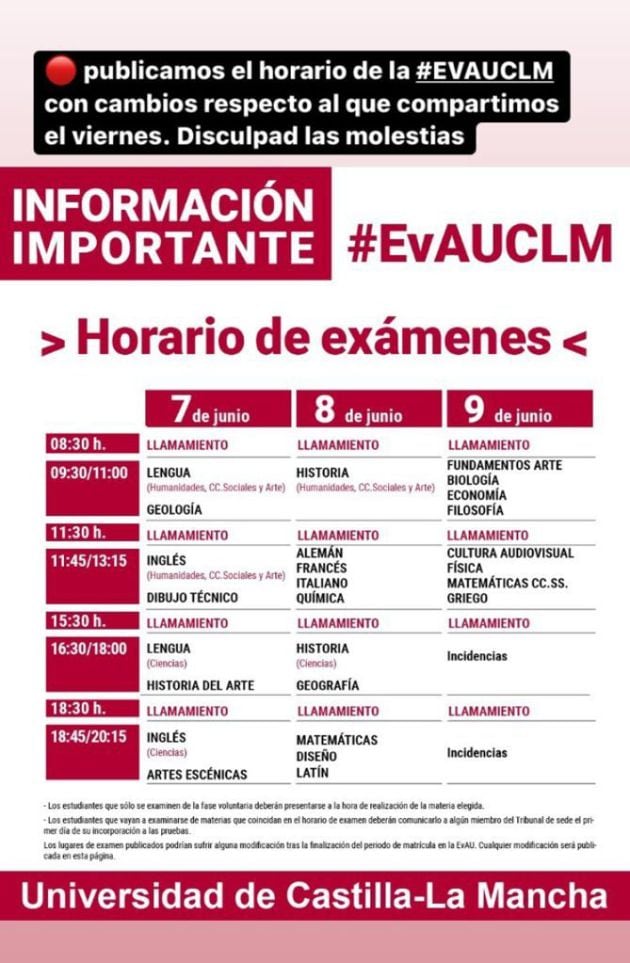 Horarios de los exámenes de la EvAU en el campus de Ciudad Real