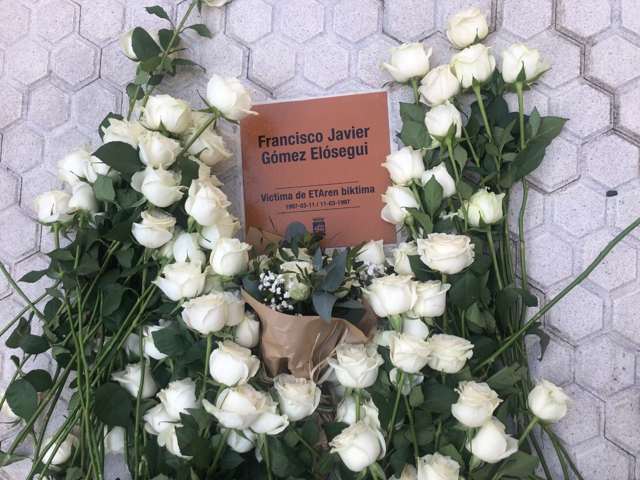 Decenas de rosas blancas depositadas sobre la placa en memoria de Gómez Elósegui