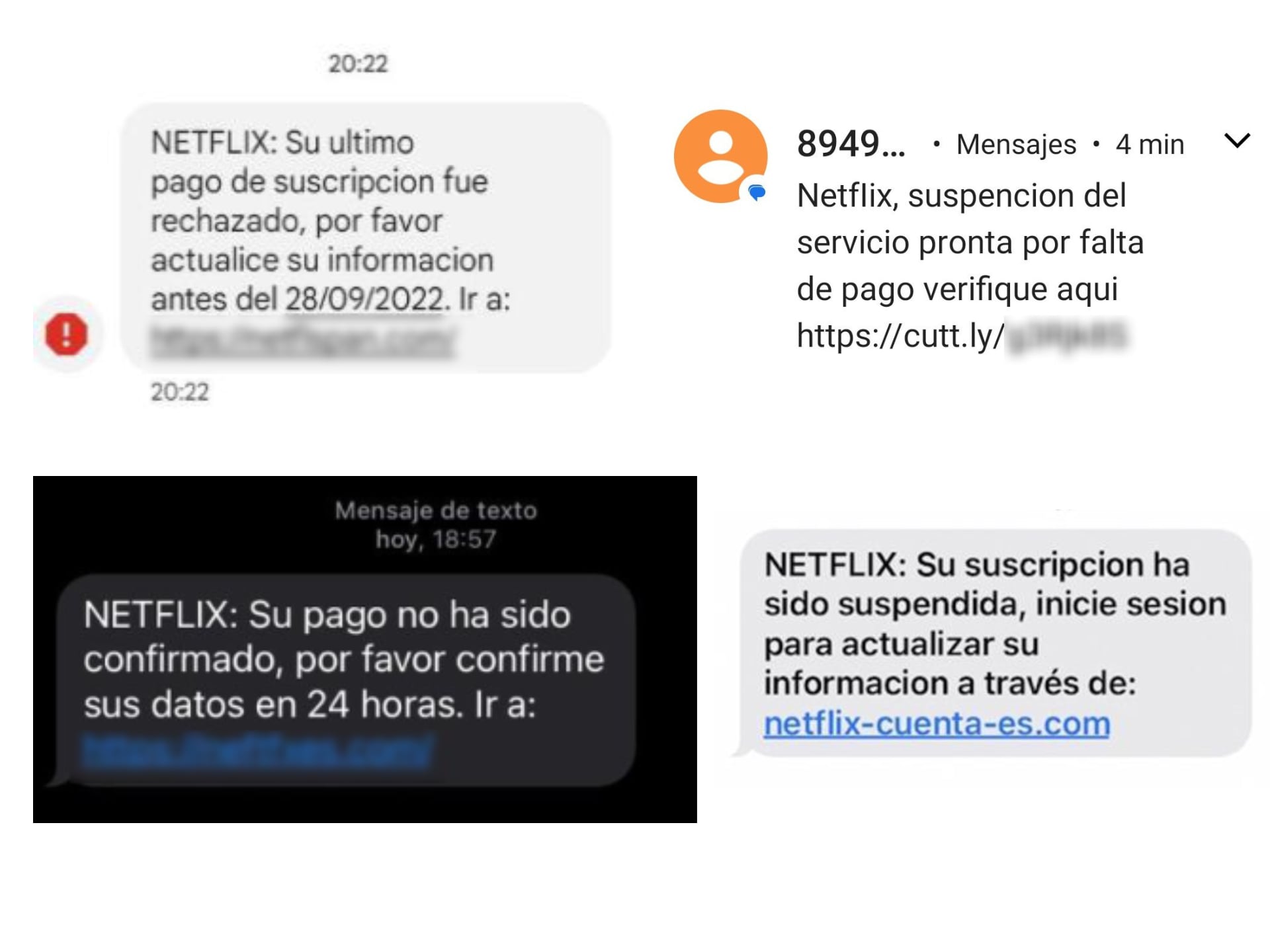 Algunos de los mensajes que suplantan a Netflix.