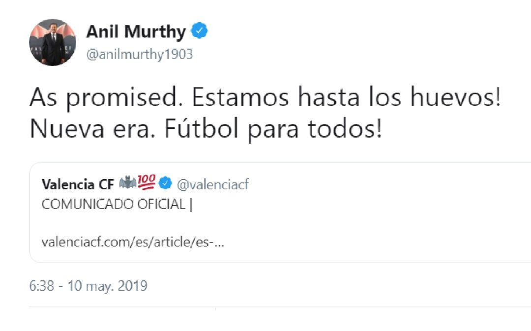 Tweet de Anil Murthy diciendo que está &quot;hasta los huevos&quot;.