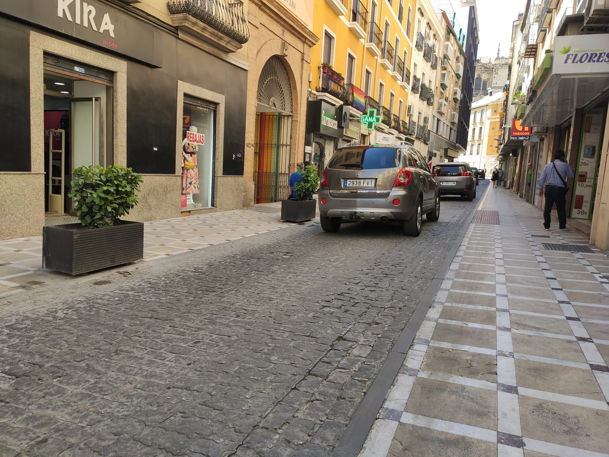 La calle Álamos de Jaén capital, durante un día soleado, con tráfico y personas andando