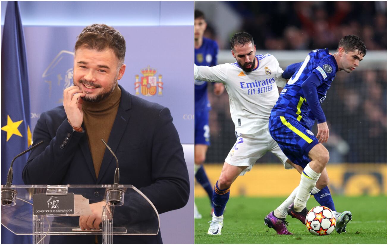 A la izquierda de la imagen, Gabriel Rufián, durante una comparecencia. A la derecha, Carvajal intenta robar un balón a Pulisic, en el Chelsea - Real Madrid