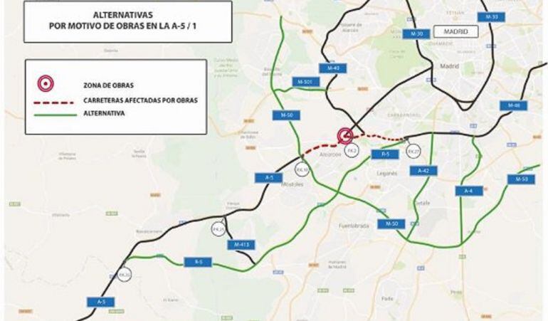 Mapa de las alternativas con motivo de las obras en el enlace de la M-40 y la A-5