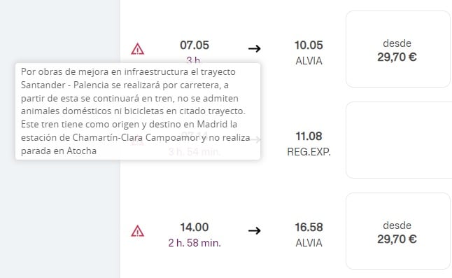 Mensaje de RENFE al tratar de comprar un billete en la línea que une Santander con Castilla y León | Cadena SER