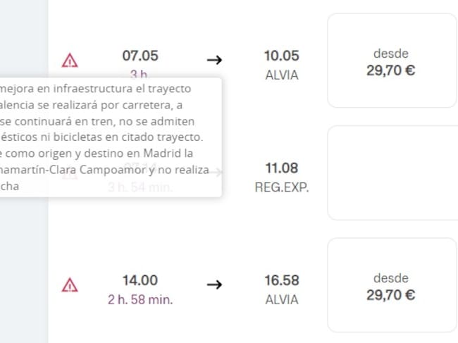 Mensaje de RENFE al tratar de comprar un billete en la línea que une Santander con Castilla y León | Cadena SER