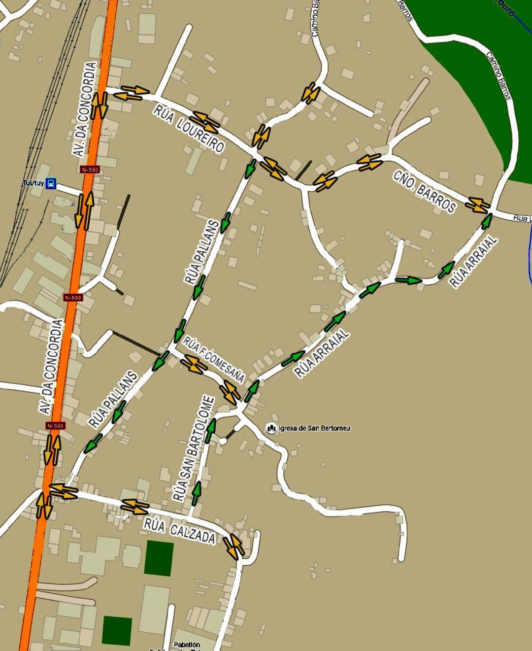 Mapa con los cambios de tráfico en la zona de San Bartolomeu de Tui. 