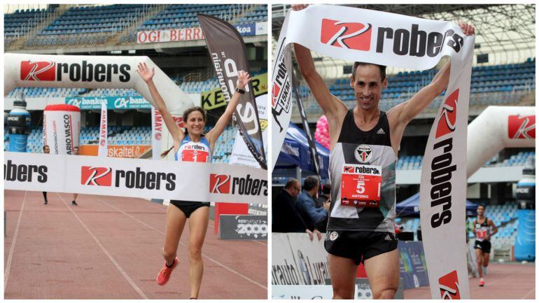 Elena Silvestre y Antonio Etxeberria entran victoriosos en la linea de meta situada en Anoeta