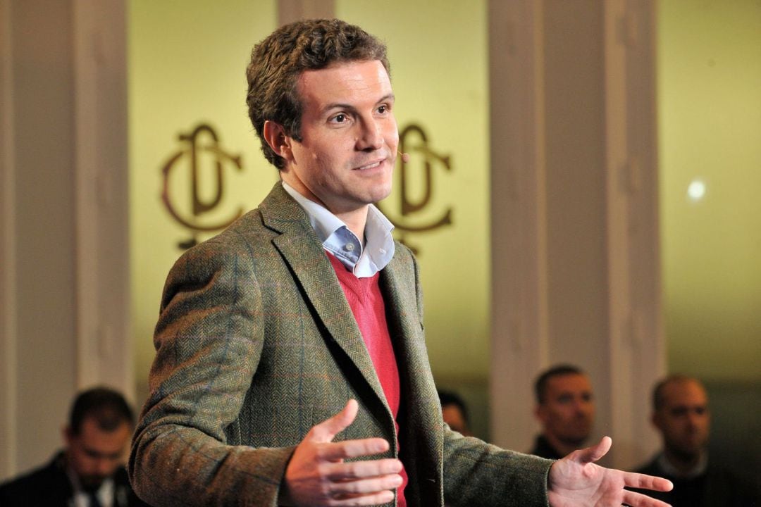 El presidente del PP, Pablo Casado, durante el acto de presentación de los candidatos de Castilla-La Mancha celebrado hoy en Albacete