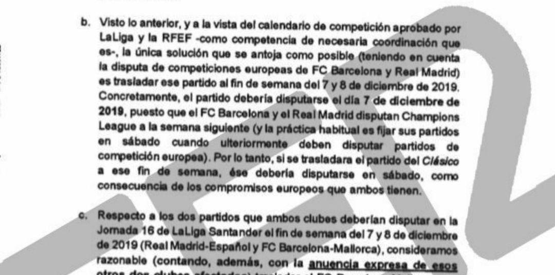 El documento al que ha tenido acceso la Cadena SER de Javier Tebas