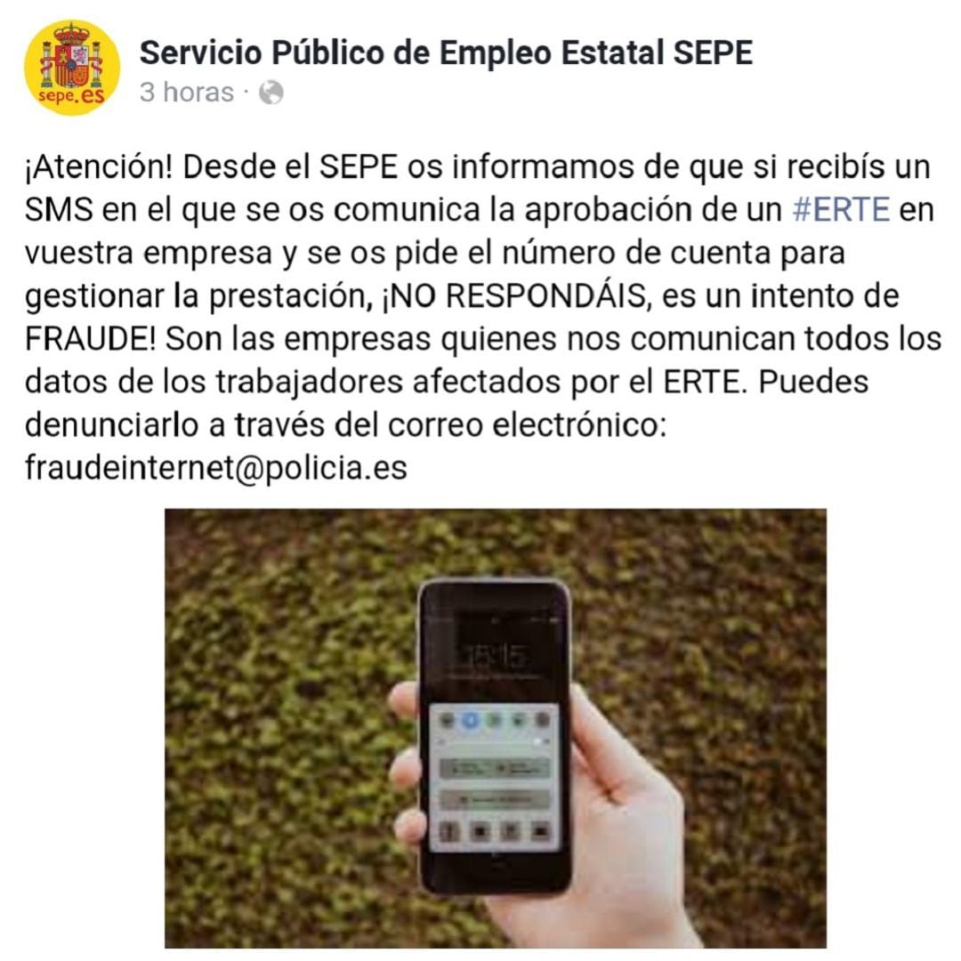 El propio SEPE ha difundido la alerta a través de sus canales