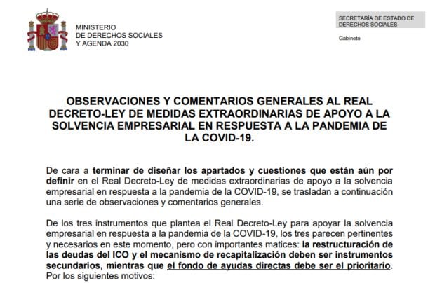 El documento que Unidas Podemos ha remitido al PSOE.