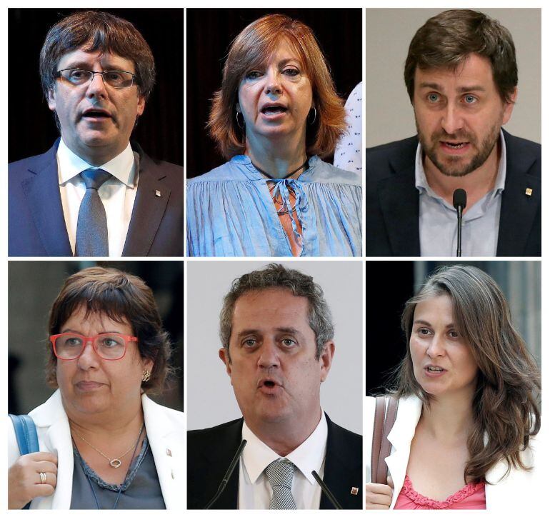 Combo de fotografías del expresidente del Gobierno catalán Carles Puigdemont (i-arriba) y los cinco exconsejeros que han viajado con él a Bruselas y que ocupaban las carteras de Gobernación, Meritxell Borràs (c-arriba); Salud, Antoni Comín (d-arriba); Tra