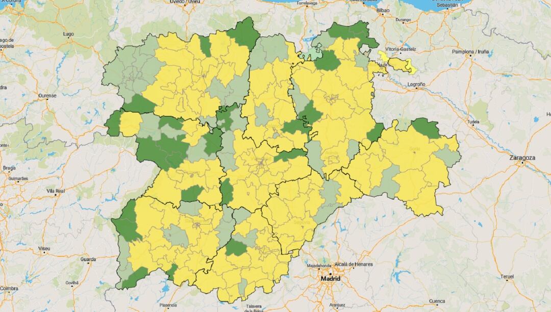 Zonas básicas de Salud de Castilla y León. En verde oscuro las zonas que se encuentran en fase 1, en verde claro las que han sido propuestas para entrar el lunes 18 si lo autoriza el Gobierno