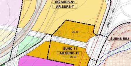 En amarillo claro y con la denominación SG.SURS-N1 los terrenos de propiedad privada. En mostaza y con la denominación SUNC-11 los terrenos municipales.