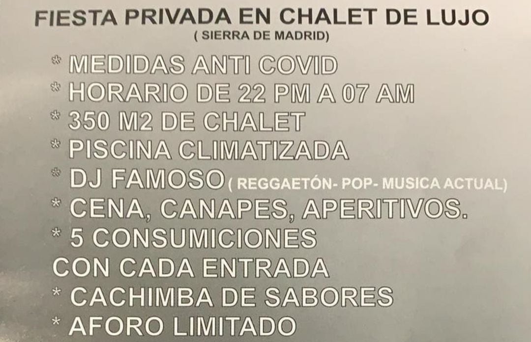 Imagen del anuncio que ofrece un chalet para la organización de fiestas privadas