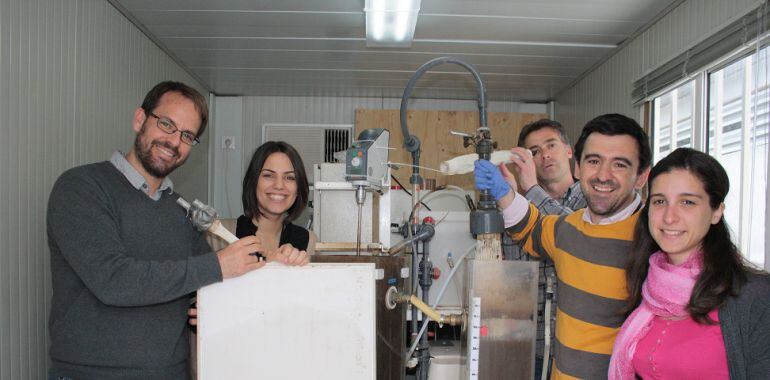 Part de l’equip d’investigació implicat en el projecte. D’esquerra a dreta: Hèctor Monclús, Sara Gabarrón, Montse Dalmau i Joaquim Comas (coautors de l’article) i Julián Mamo (també investigador del LEQUIA) en una de les plantes pilot on s’ha fet la recerca.