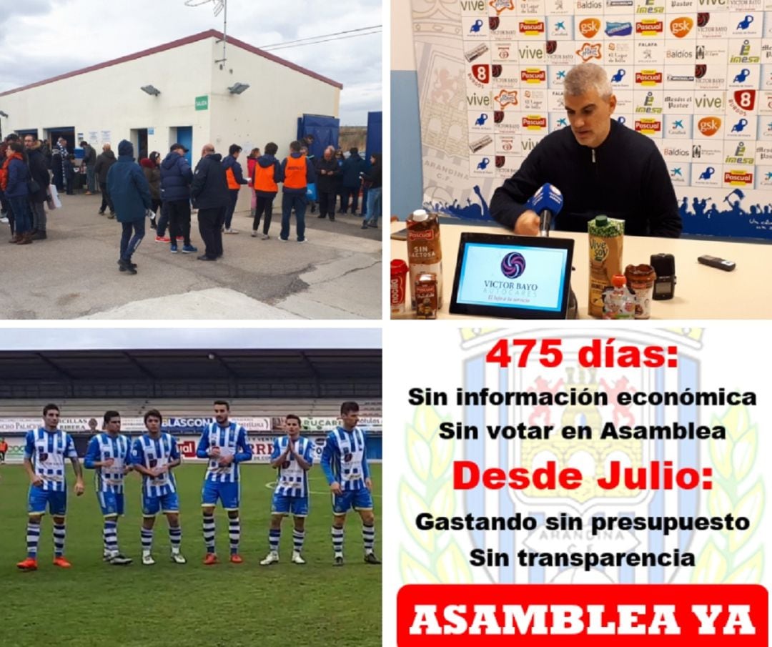 Los seguidores blanquiazules reciben información sobre la petición de transparencia por parte de algunos abonados -arriba i.-. Javiér Álvarez de los Mozos, en sala de prensa -arriba d.-. Parte del once titular ante el Júpiter -abajo i.-. Octavilla que se