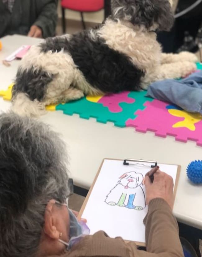 Antolina colorea al perro en una de las actividades de la terapia.